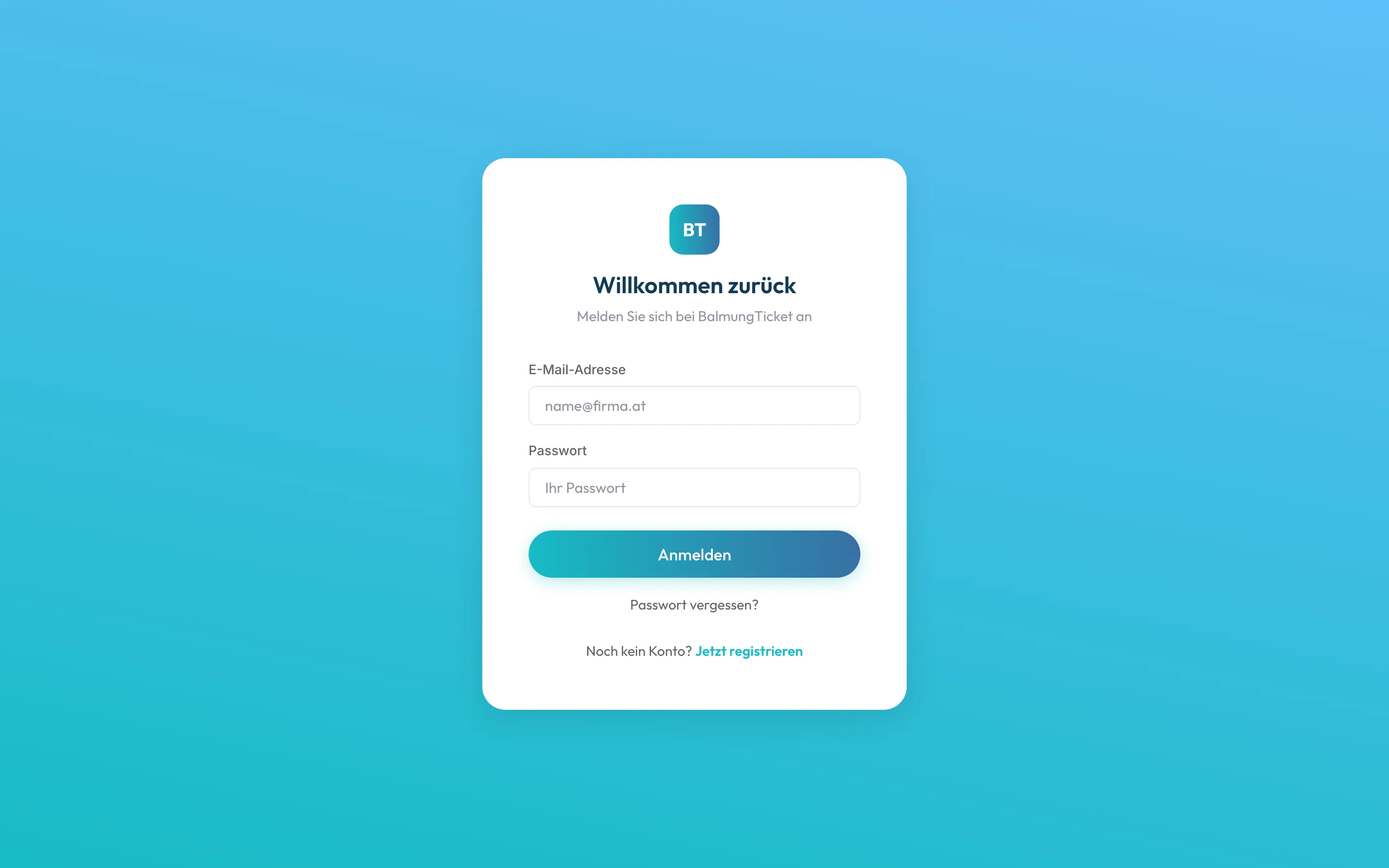 Anmeldeseite von BalmungTicket mit E-Mail-Adresse, Passwort und Anmelden