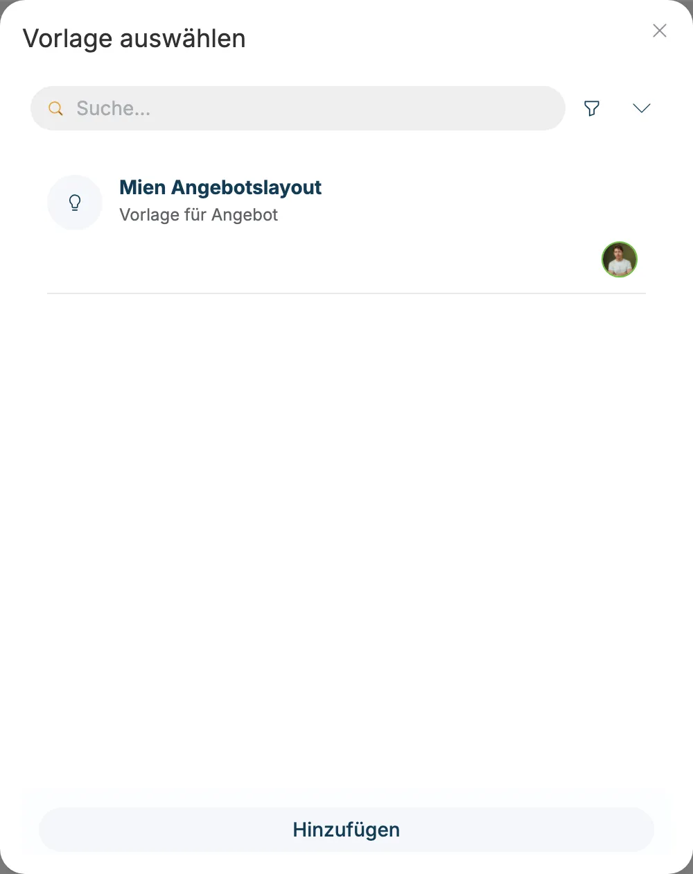 Fenster Vorlage auswählen mit einer Angebotsvorlage