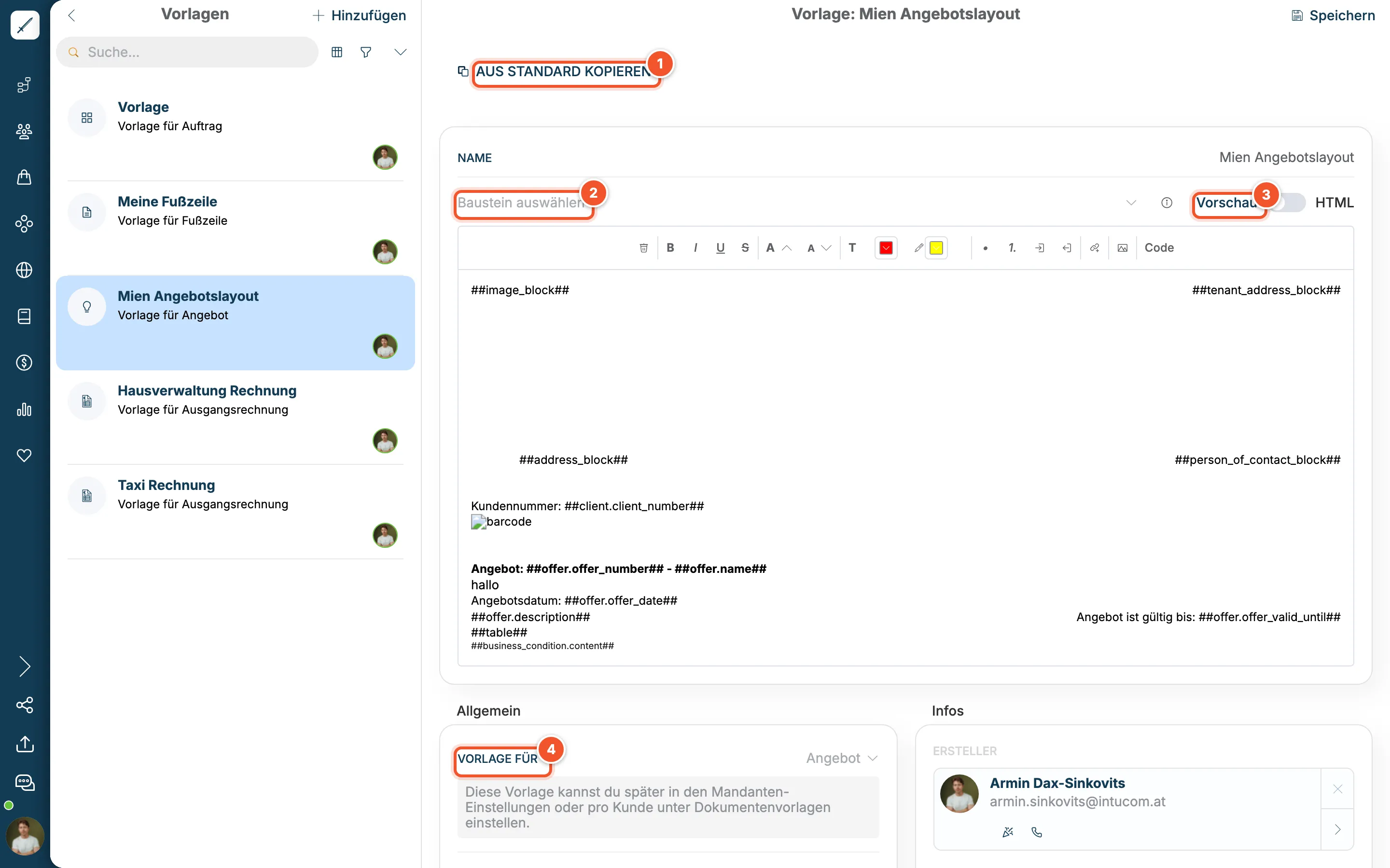 Vorlage Mien Angebotslayout mit Editor, Bausteinen wie ##address_block## und Feld Vorlage für