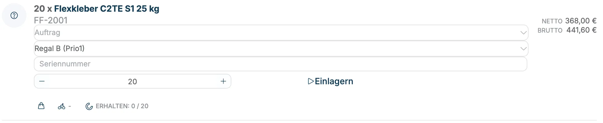 Aufgeklappte Lagerplatzauswahl mit Regal B (Prio1) und Regal A (Prio3)