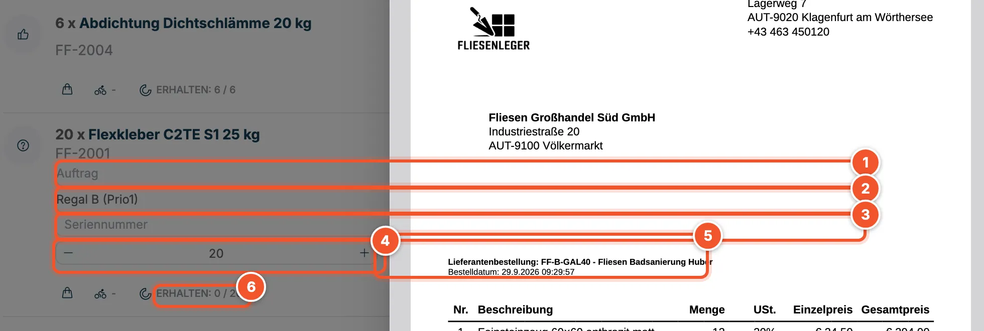 Position 20 x Flexkleber mit den Feldern Auftrag, Lagerplatz Regal B (Prio1), Seriennummer, Menge 20, Button Einlagern und Erhalten 0 von 20