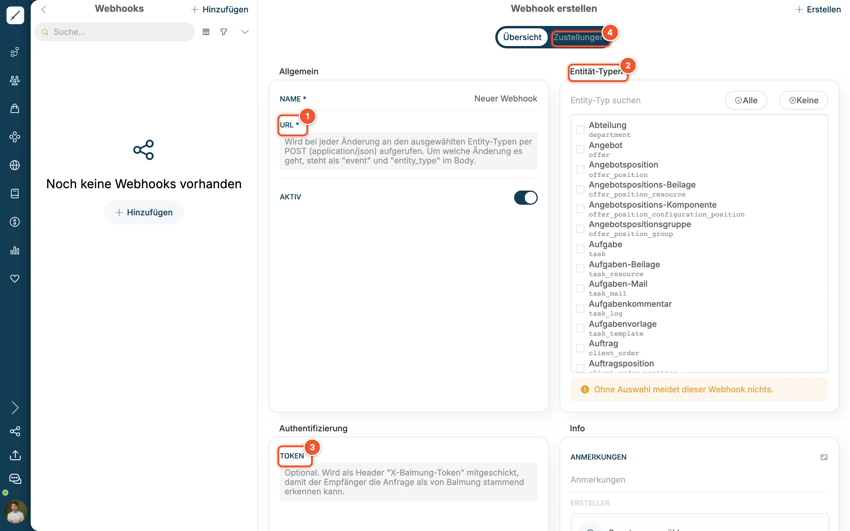 Formular Webhook erstellen mit Name, URL, Aktiv, Entität-Typen und Token
