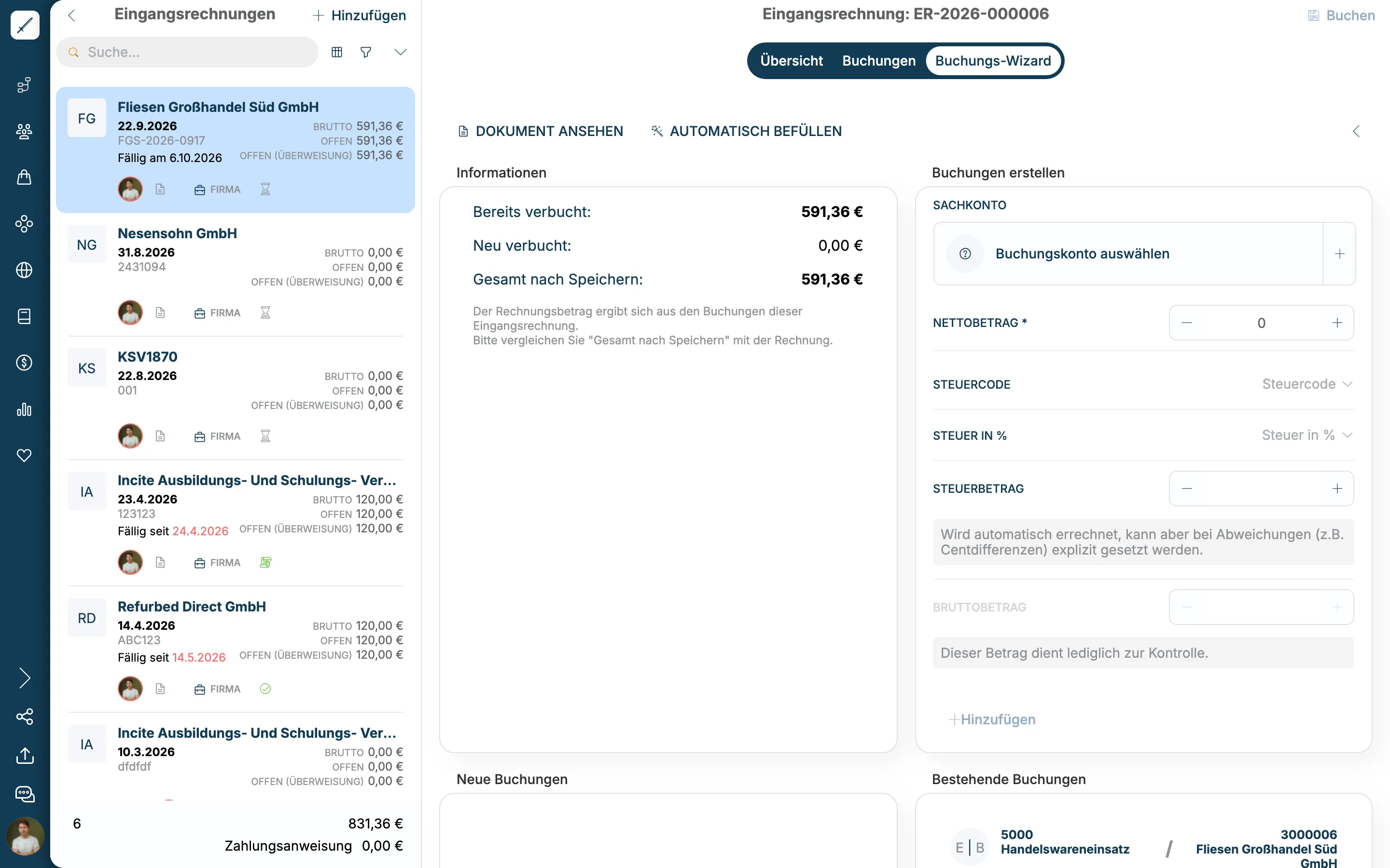 Buchungs-Wizard nach dem Buchen: bereits verbucht 591,36 Euro