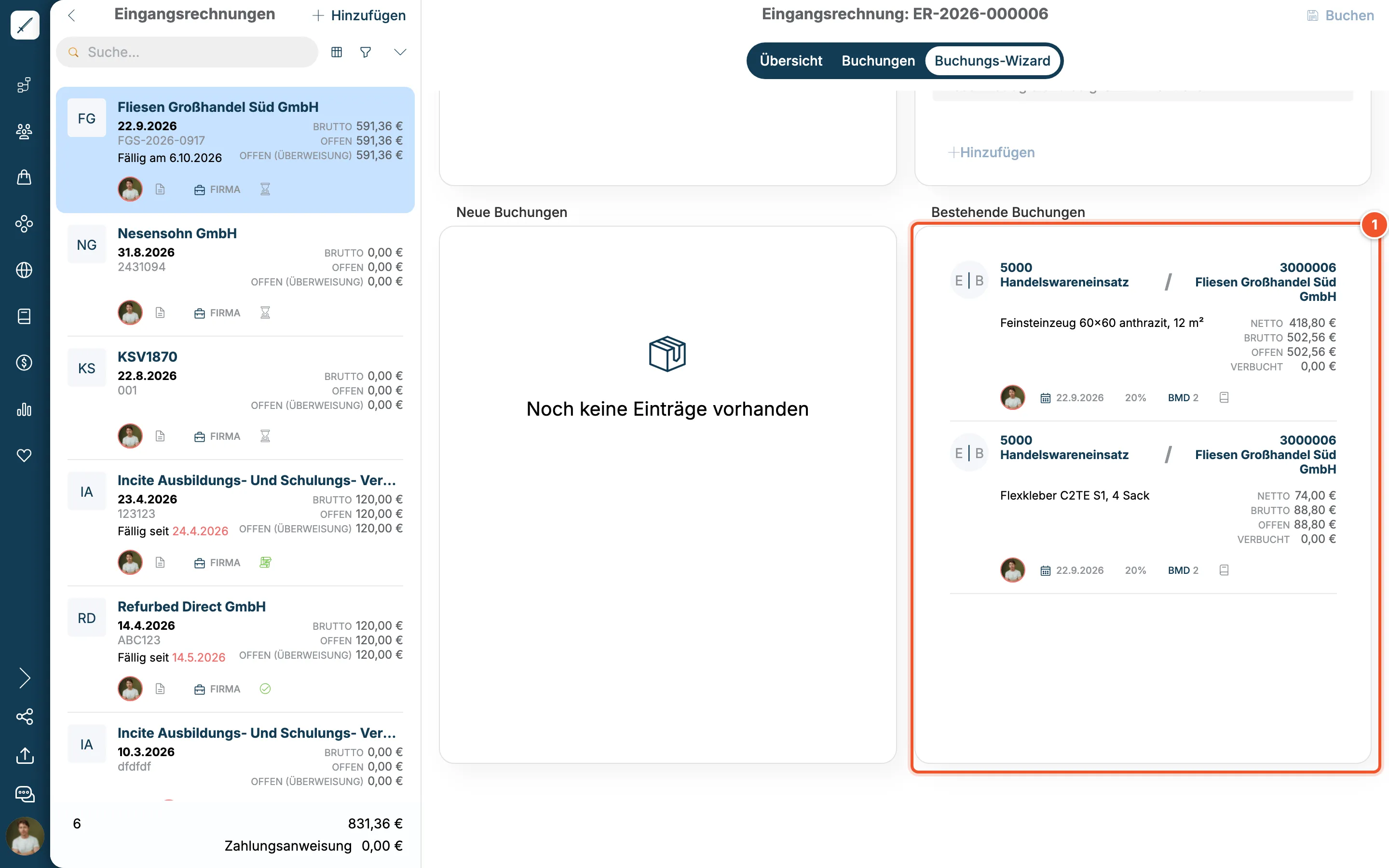 Bestehende Buchungen nach dem Buchen auf 5000 Handelswareneinsatz
