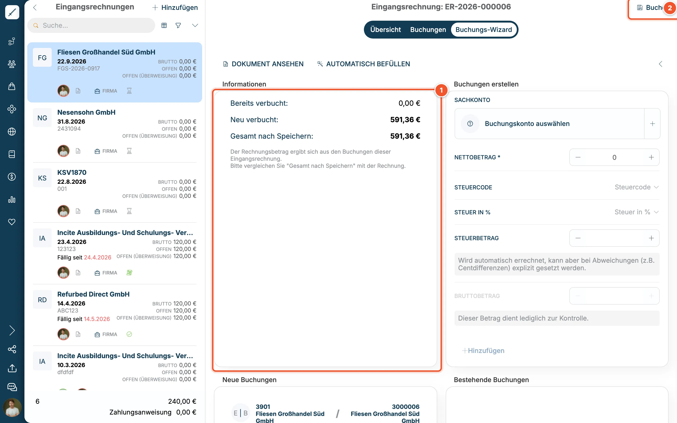 Buchungs-Wizard nach dem automatischen Befüllen: Neu verbucht 591,36 Euro