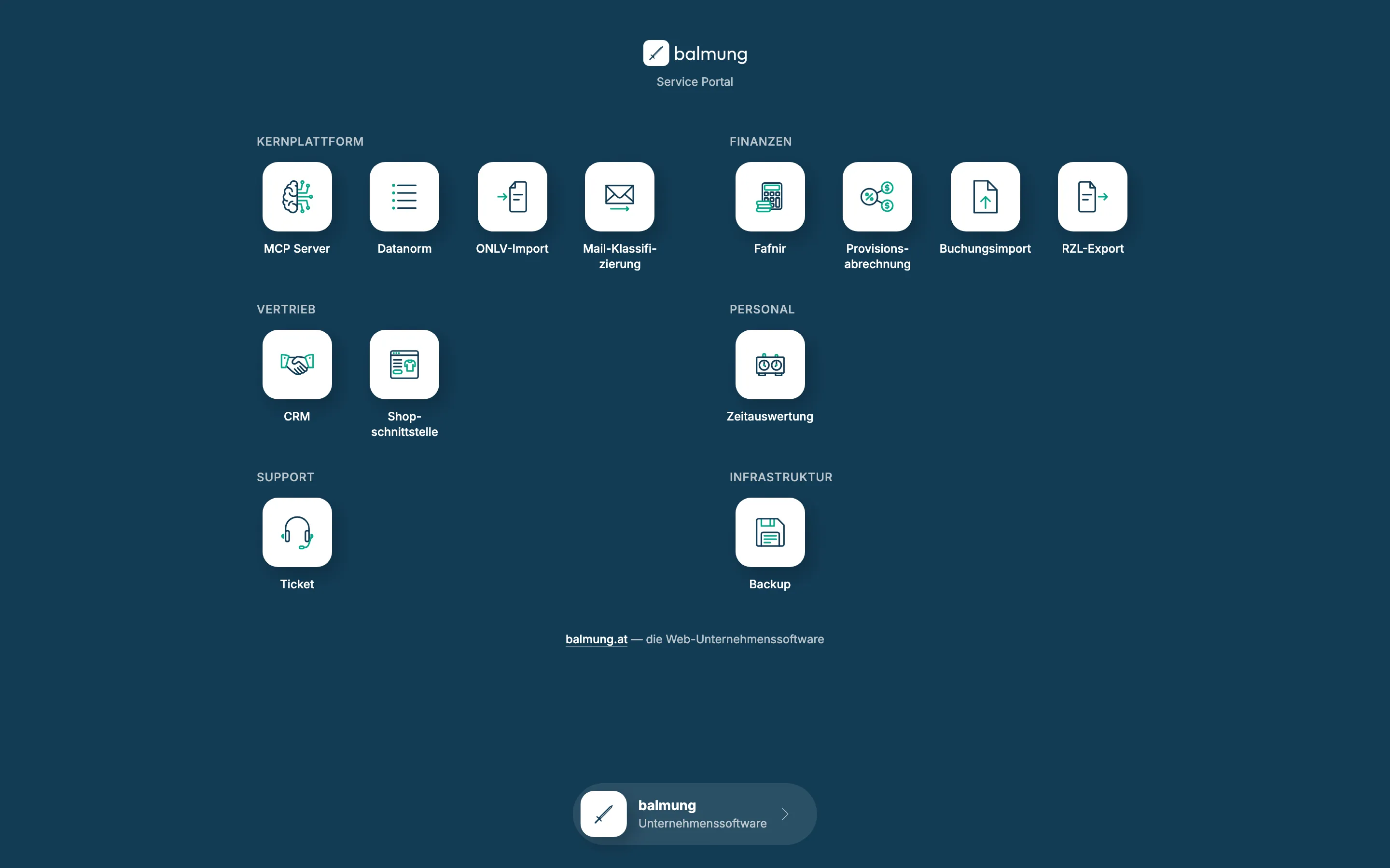 balmung Service Portal mit Kacheln für MCP Server, Datanorm, ONLV-Import, Mail-Klassifizierung, Fafnir, CRM, Shopschnittstelle, Zeitauswertung, Ticket und Backup